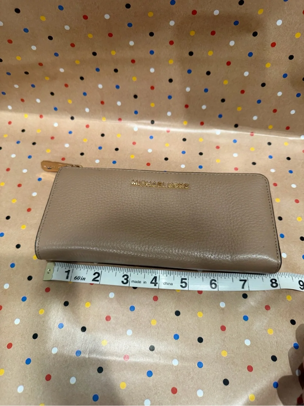 Michael Kors Taupe Pebbled Leather Zip Wallet with Gold Logo